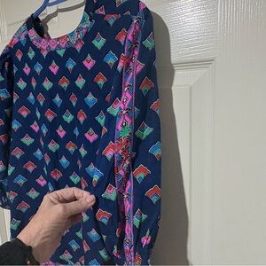 Navy Blue Floral Border V-Neck Women's Top